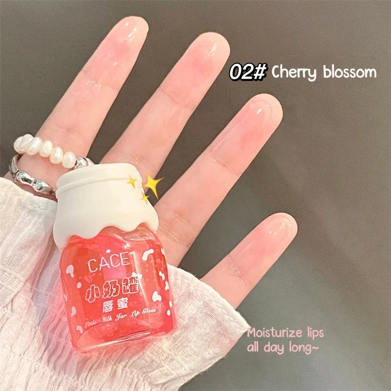 CACE Cute Milk Jar Lipgloss Lip Plumper Oil Moisturizing Lipstick Peach Colorless Glitter Lipgloss Long Lasting Lipgloss Makeup