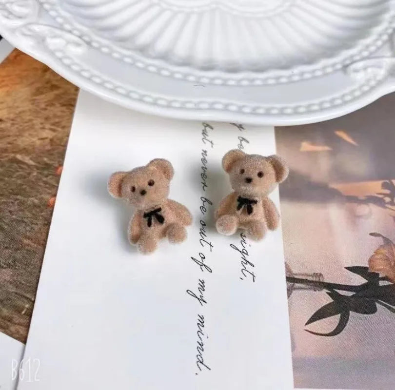 2PC Cute Flocking Plush Rabbit Bear Stud Earrings Kawaii Brown Khaki Animal Earrings For Women Girls Korean Earring Jewelry