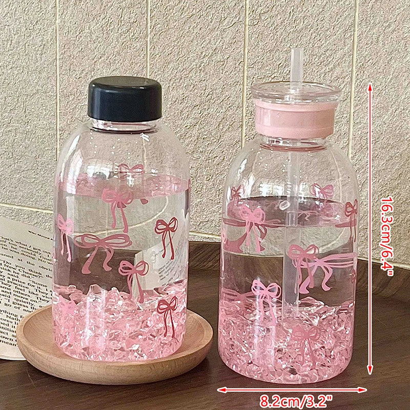Cute Bowknot Plastic Cups With Straw Lid Portable Drinking Bottle Kawaii Water Bottle Aesthetic Tumbler For Ice Coffee Juice Tea