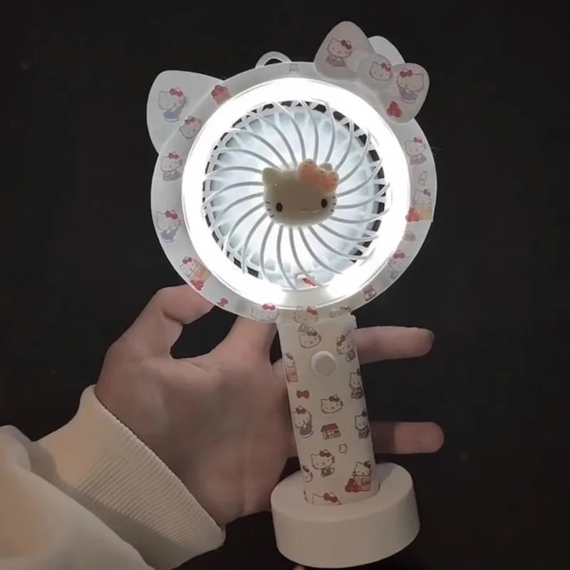Kawaii Hello Kitty Small Fan with Light Anime Kt Cute Cartoon USB Charging Fan Travel Portable Handheld Fan Toys Girls Kids Gift