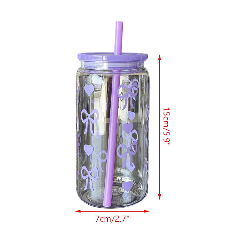 Kawaii Water Bottle Aesthetic Tumbler For Ice Coffee Juice Tea Cute Bowknot Plastic Cups With Straw Lid Portable Drinking Bottle