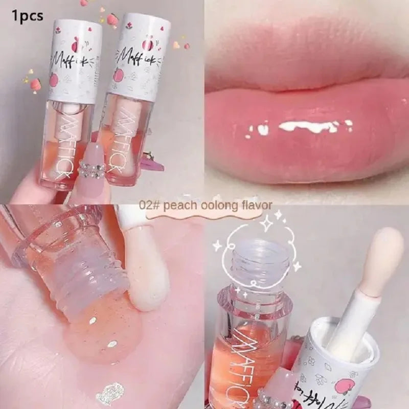 Transparent Honey Lip Oil Long-Lasting Moisturizing Lip Gloss Blam Fades Lip Lines Lipgloss with Big Brush Head Peach Milk Taste