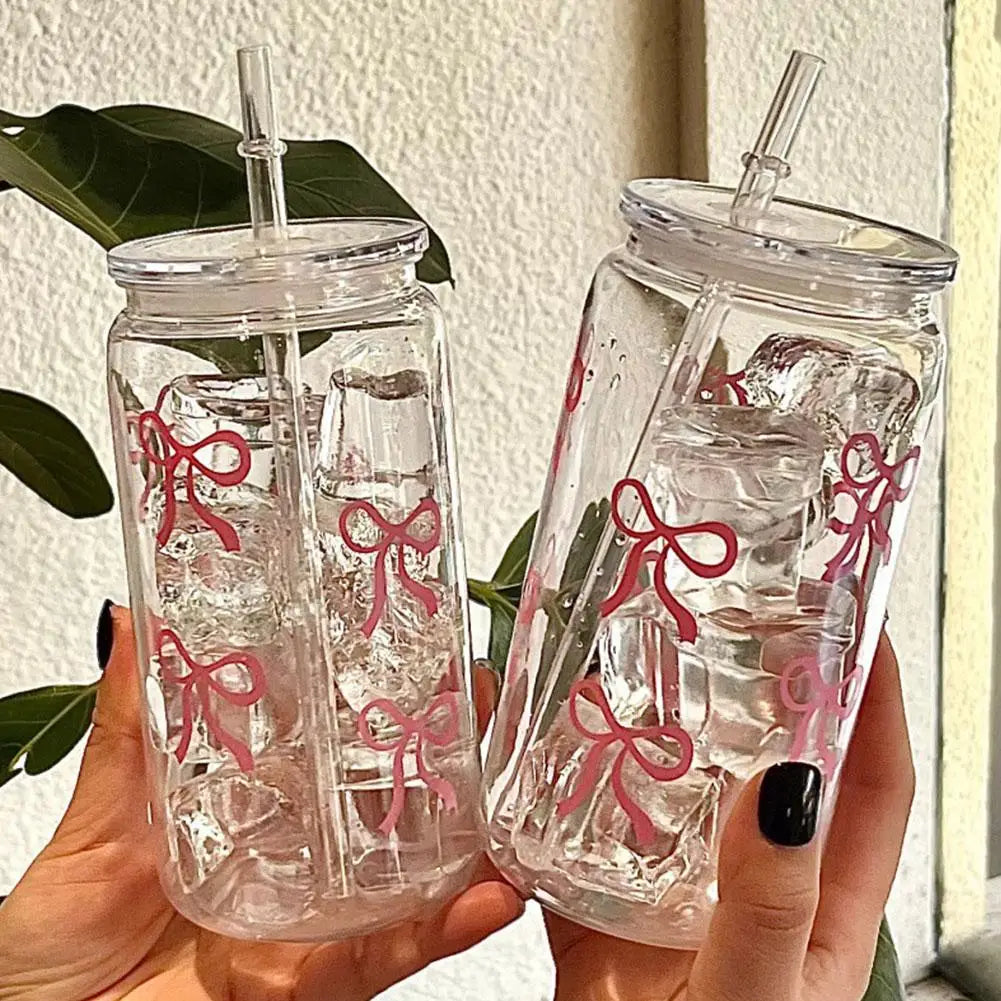 16oz Transparent Glass Tumbler Pink Bow Flower Sticker Drink Juice Cup Suitable For Hot And Cold Drinks In Summer D2V6