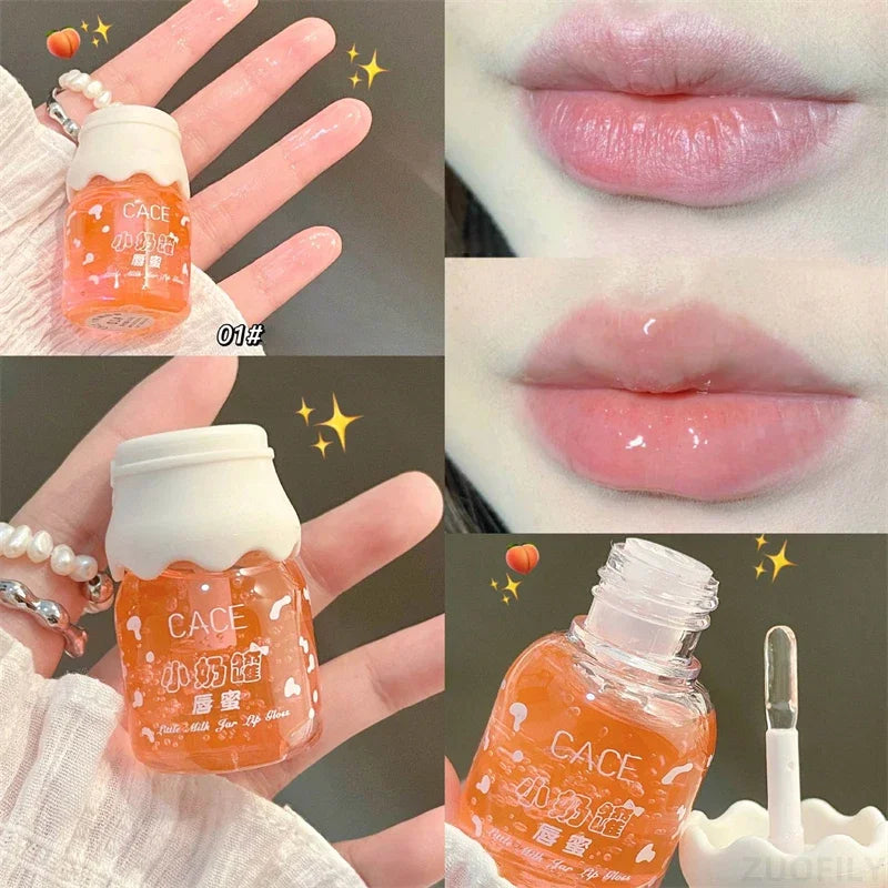 CACE Cute Milk Jar Lipgloss Lip Plumper Oil Moisturizing Lipstick Peach Colorless Glitter Lipgloss Long Lasting Lipgloss Makeup