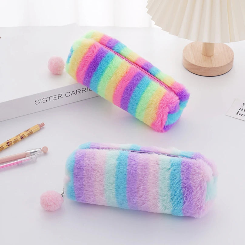 Rainbow Pencil Case Plush Estuches Escolares Pencilcase Gradient Color Large Capacity Kalemlik School Supplies Pencil Pouch