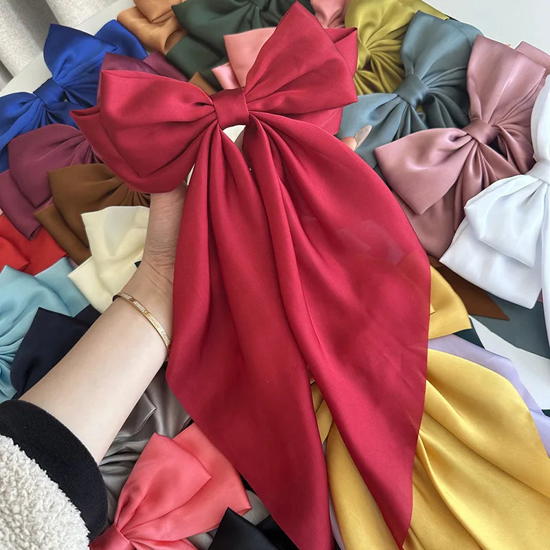 Bow Ribbon Hair Clip Women Solid Color Satin Ribbon Long Big Bows Hairpin Bowknot Barrettes Hair Accessories For Girls