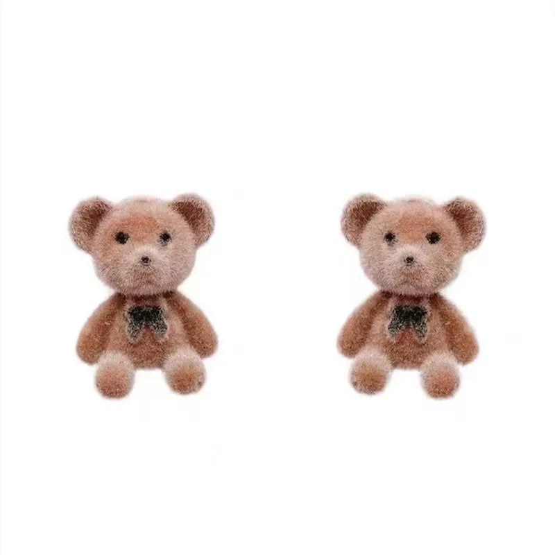 2PC Cute Flocking Plush Rabbit Bear Stud Earrings Kawaii Brown Khaki Animal Earrings For Women Girls Korean Earring Jewelry