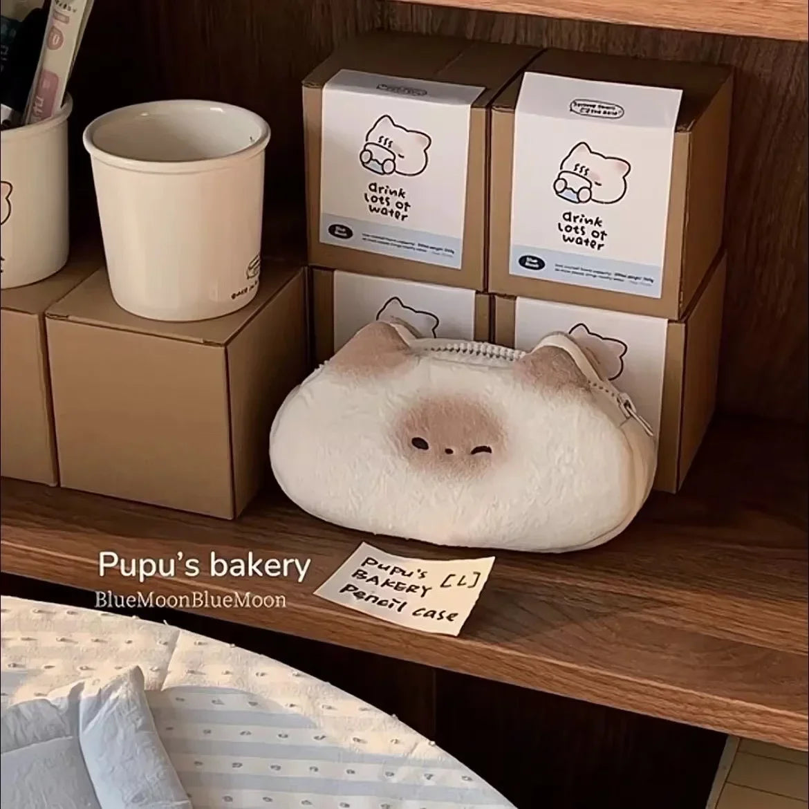 Japanese Cute Cartoon Siamese Cat PuPu Bread Plush Pen Bag Large Capacity Kawaii Boy Girl Pencil Case Stationery School Supplies