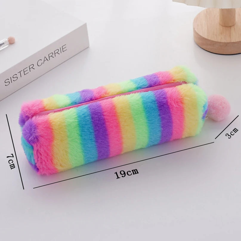 Rainbow Pencil Case Plush Estuches Escolares Pencilcase Gradient Color Large Capacity Kalemlik School Supplies Pencil Pouch