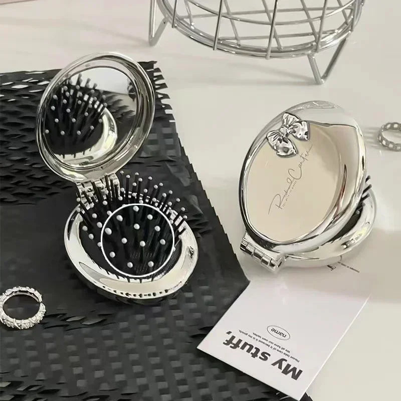 Silver Round Folding Comb with Mirrors Pocket Size Scalp Massage Comb Portable Hair Styling Brushes for Women Hairdressing Tools