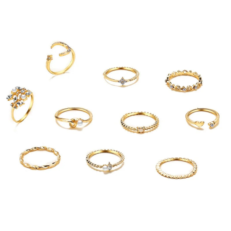 10Pcs Rings Suit For Women Gold-color Chain Ring Set Bohemian Style Coin Leaf Snake Moon Star Party Trend Gift Jewelry