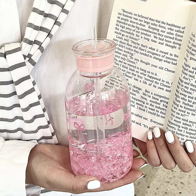 Cute Bowknot Plastic Cups With Straw Lid Portable Drinking Bottle Kawaii Water Bottle Aesthetic Tumbler For Ice Coffee Juice Tea