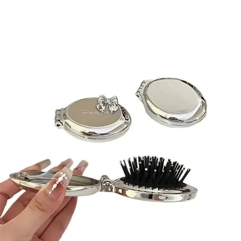 Silver Round Folding Comb with Mirrors Pocket Size Scalp Massage Comb Portable Hair Styling Brushes for Women Hairdressing Tools