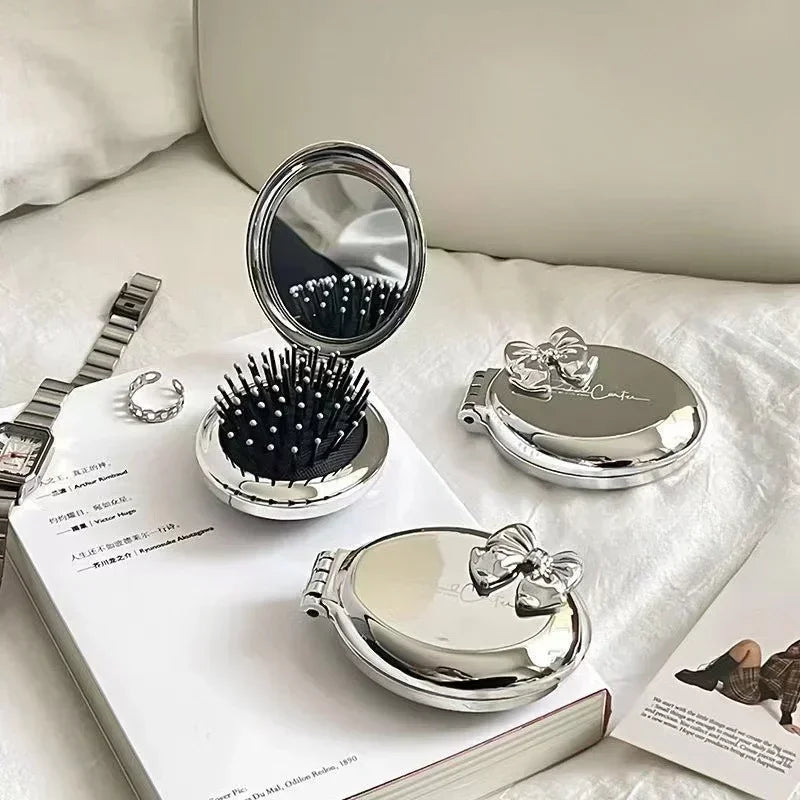 Silver Round Folding Comb with Mirrors Pocket Size Scalp Massage Comb Portable Hair Styling Brushes for Women Hairdressing Tools