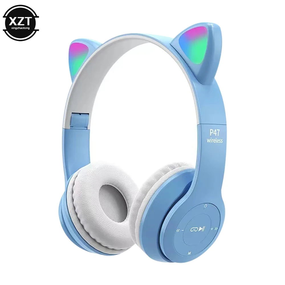 P47 Wireless Headphones Cute Cat Ears With Mic Control LED Kid Girl Stereo Music Helmet Phone Bluetooth Compatible Headset