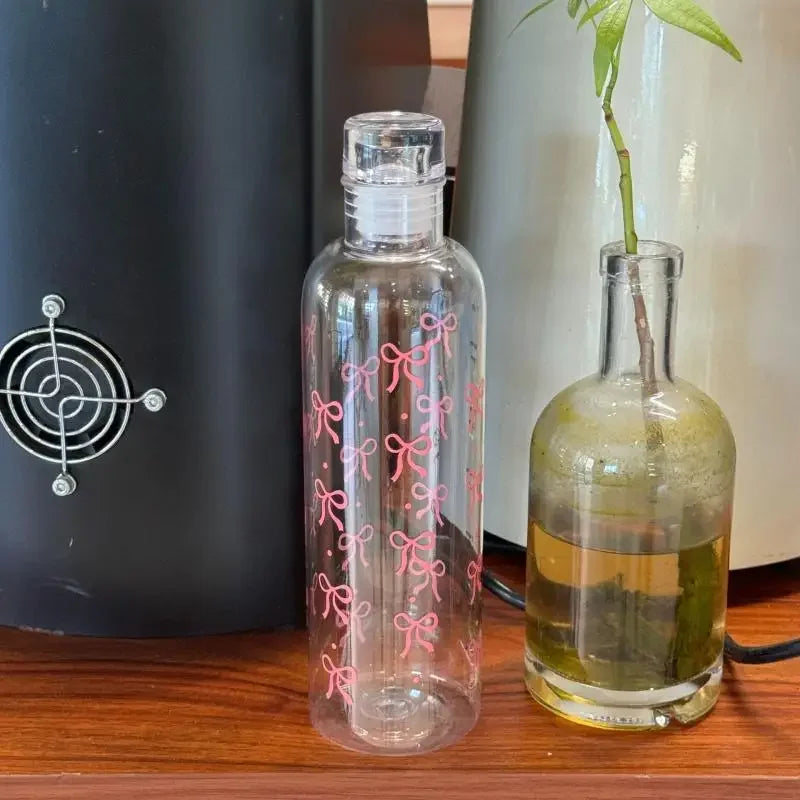 Kawaii Bow Plastic Water Bottle With Time Scale Transparent Water Cup For Outdoor Sports Drinking 500ML Juice Milk Water Bottle