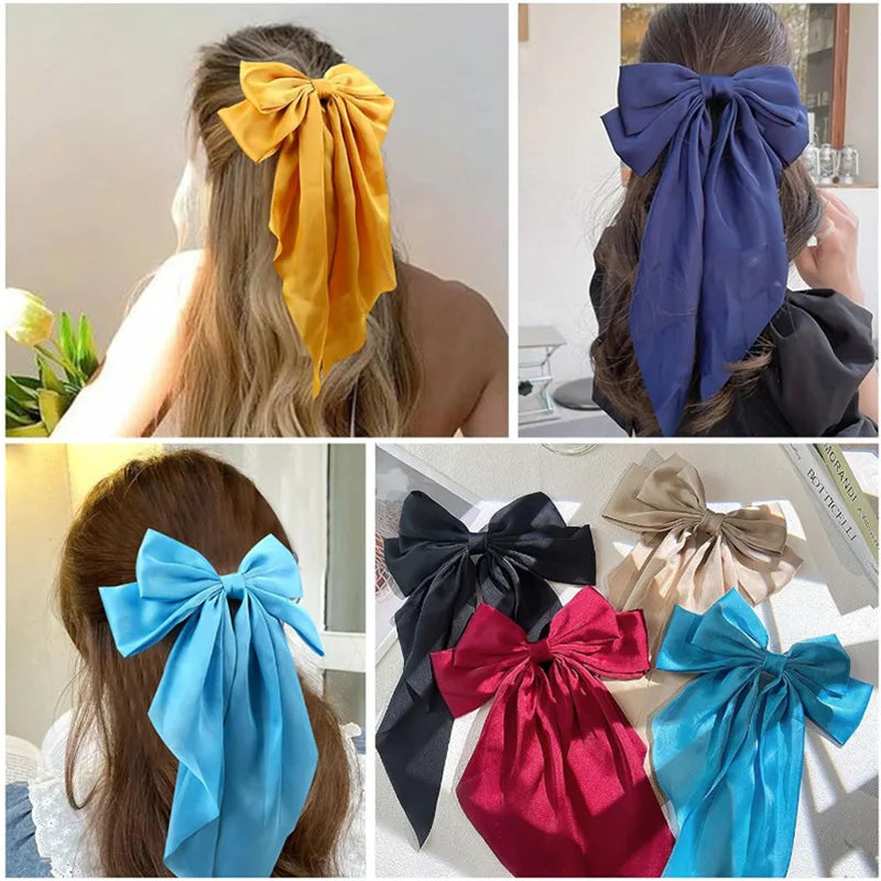 Bow Ribbon Hair Clip Women Solid Color Satin Ribbon Long Big Bows Hairpin Bowknot Barrettes Hair Accessories For Girls