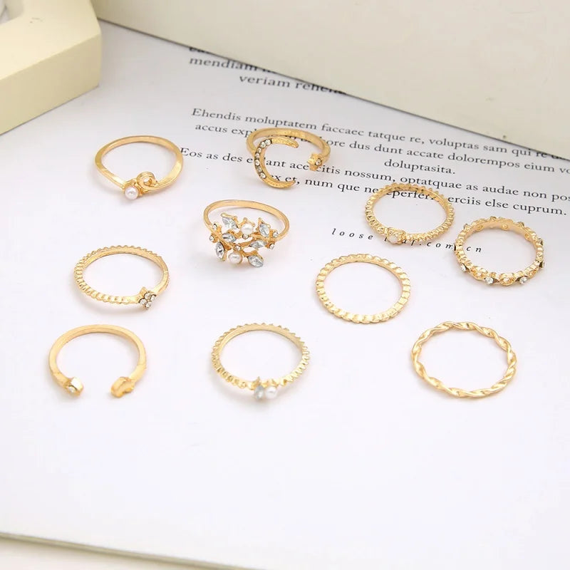 10Pcs Rings Suit For Women Gold-color Chain Ring Set Bohemian Style Coin Leaf Snake Moon Star Party Trend Gift Jewelry