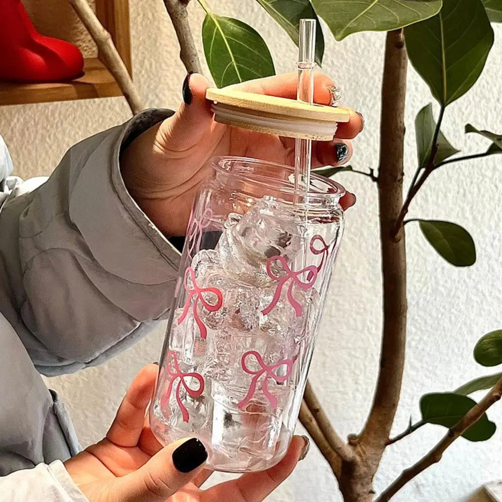 16oz Transparent Glass Tumbler Pink Bow Flower Sticker Drink Juice Cup Suitable For Hot And Cold Drinks In Summer D2V6