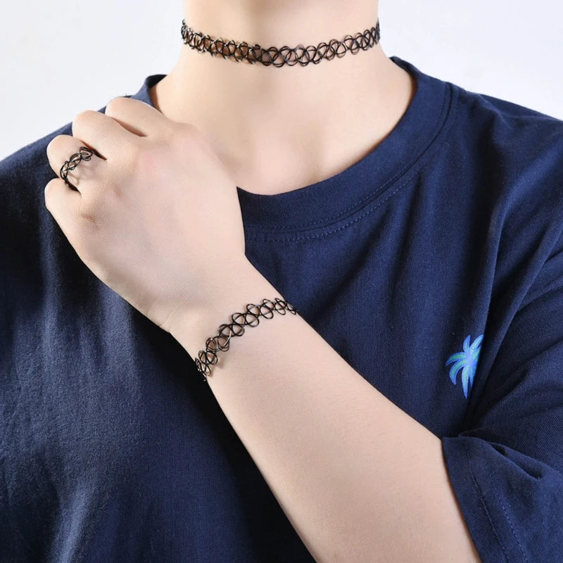 3Pcs Black Tattoos Choker Bracelet Ring Elastic Stretchable Chokers Gothic Tattoos Choker Chain Jewelry for Women Girls Dropship