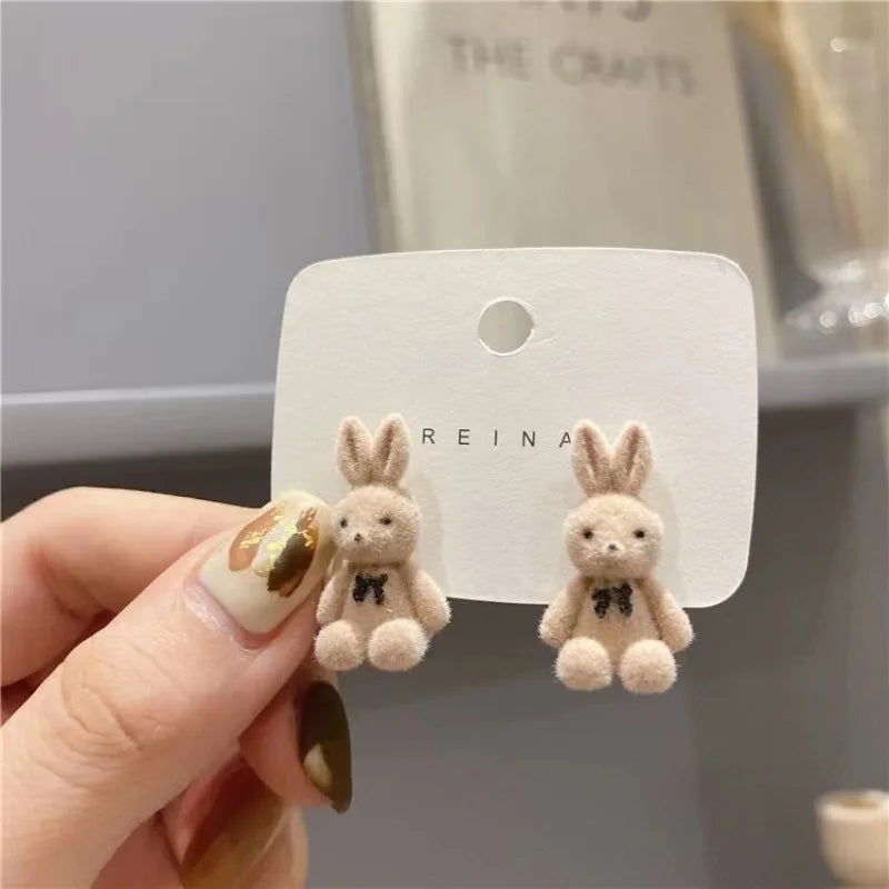 2PC Cute Flocking Plush Rabbit Bear Stud Earrings Kawaii Brown Khaki Animal Earrings For Women Girls Korean Earring Jewelry