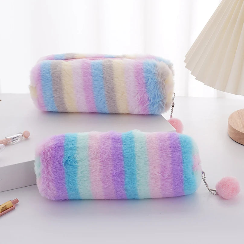 Rainbow Pencil Case Plush Estuches Escolares Pencilcase Gradient Color Large Capacity Kalemlik School Supplies Pencil Pouch