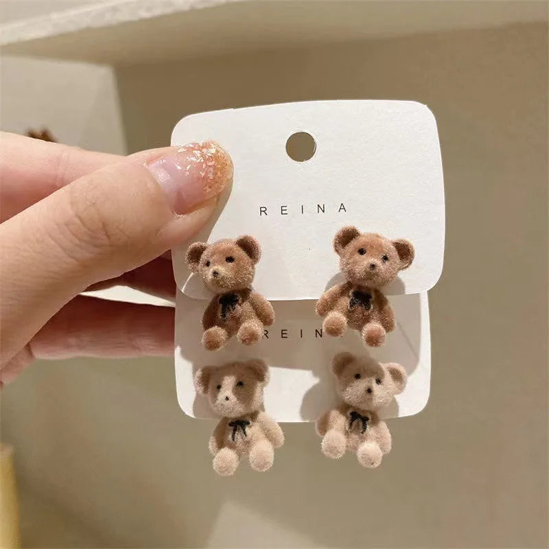 2PC Cute Flocking Plush Rabbit Bear Stud Earrings Kawaii Brown Khaki Animal Earrings For Women Girls Korean Earring Jewelry