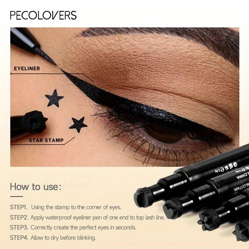 2 In 1 Black Liquid Eyeliner Double-head Moon Stamp Eye Liner Pencil Quick Dry Non-Smudge Long-lasting Easy to Use Eye Makeup
