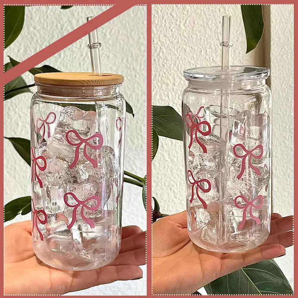 16oz Transparent Glass Tumbler Pink Bow Flower Sticker Drink Juice Cup Suitable For Hot And Cold Drinks In Summer D2V6