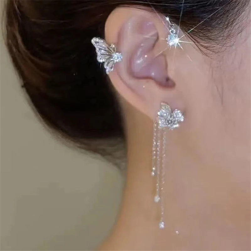 Sparkling Zirconia Ear Cuff Cilp Earrings Crystal Rhinestone Butterfly Ear Clips Without Piercing For Women Wedding Jewelry Gift