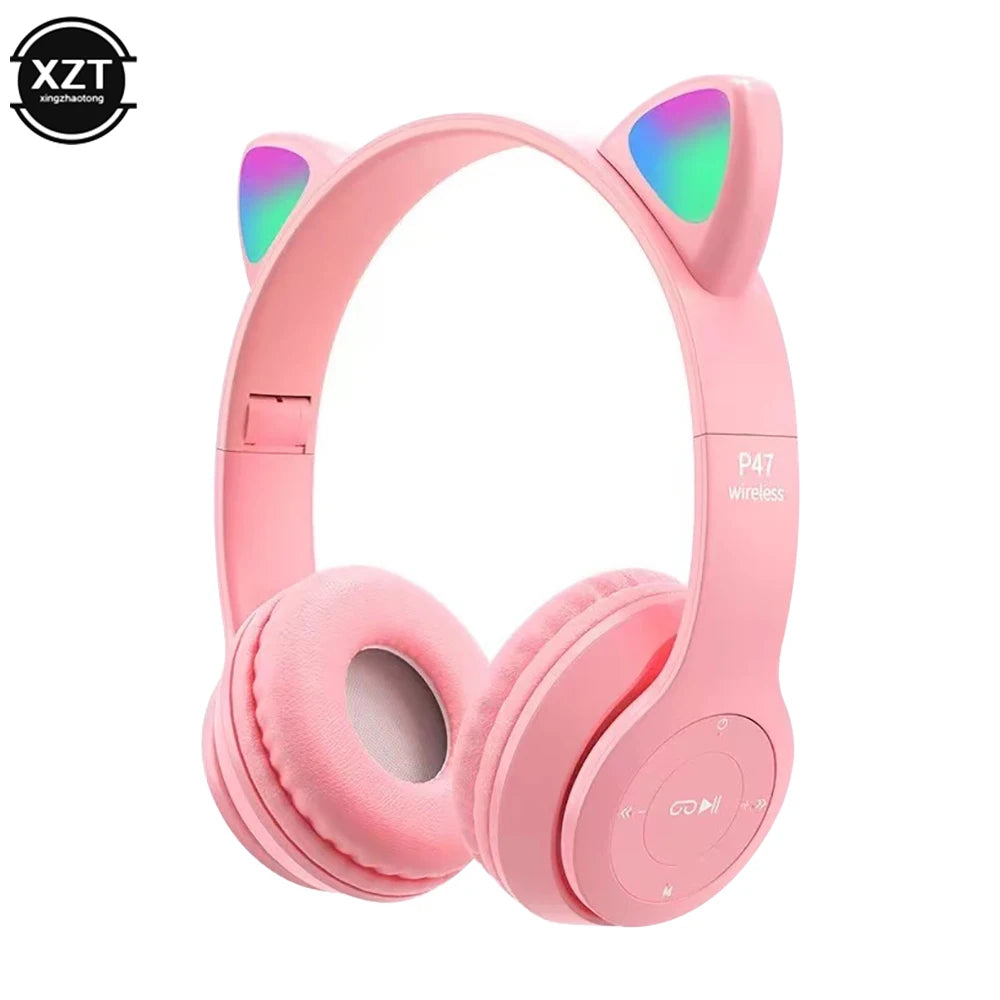 P47 Wireless Headphones Cute Cat Ears With Mic Control LED Kid Girl Stereo Music Helmet Phone Bluetooth Compatible Headset