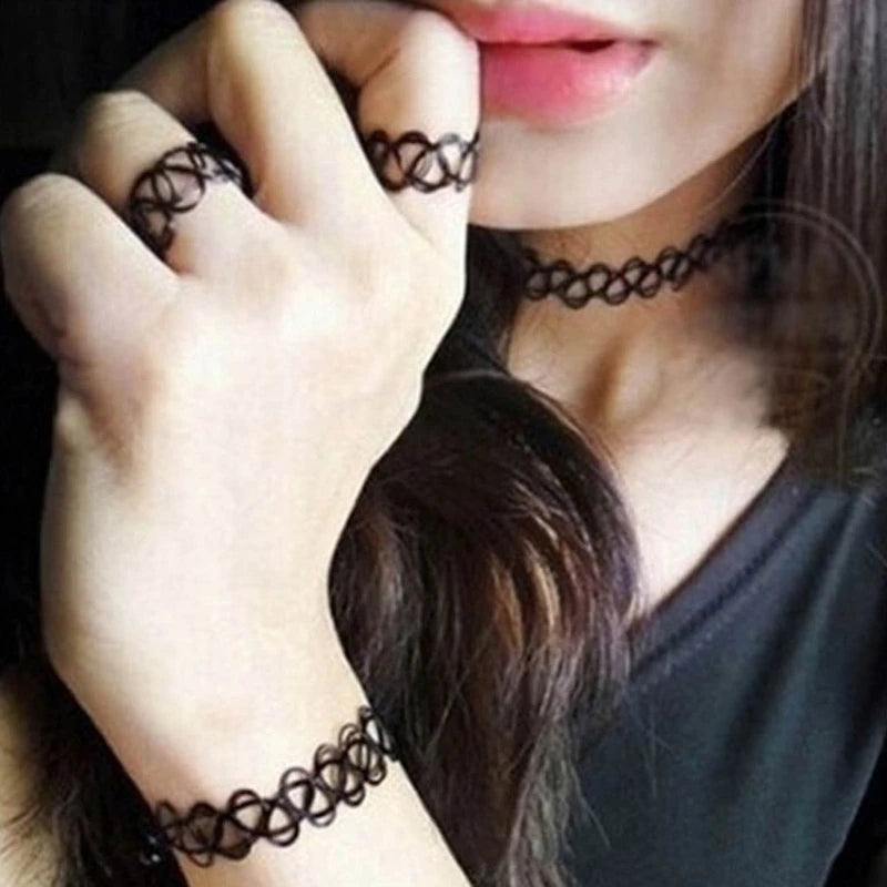 3Pcs Black Tattoos Choker Bracelet Ring Elastic Stretchable Chokers Gothic Tattoos Choker Chain Jewelry for Women Girls Dropship