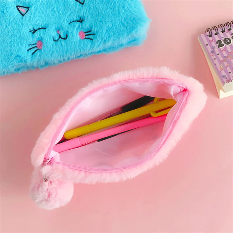 Cute Cat Pencil Case Plush Pencil Cases For Girls Trousse Scolaire Soft School Supplies Estuche Escolar Stationery Pencil Pouch