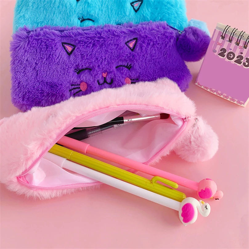 Cute Cat Pencil Case Plush Pencil Cases For Girls Trousse Scolaire Soft School Supplies Estuche Escolar Stationery Pencil Pouch