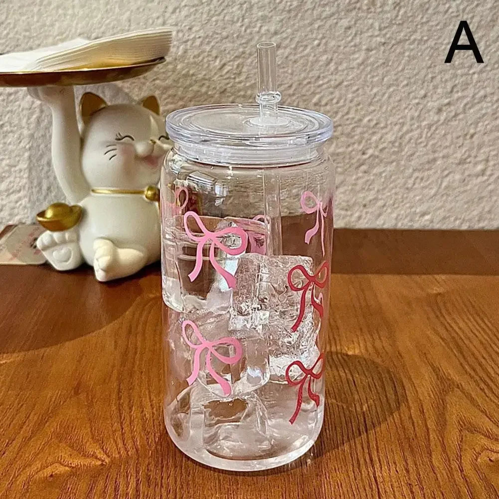16oz Transparent Glass Tumbler Pink Bow Flower Sticker Drink Juice Cup Suitable For Hot And Cold Drinks In Summer D2V6