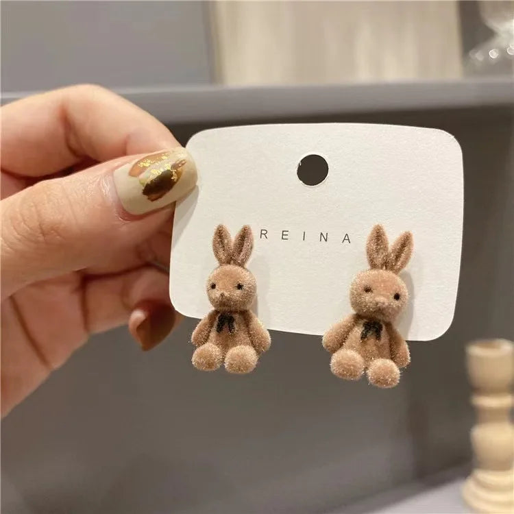 2PC Cute Flocking Plush Rabbit Bear Stud Earrings Kawaii Brown Khaki Animal Earrings For Women Girls Korean Earring Jewelry