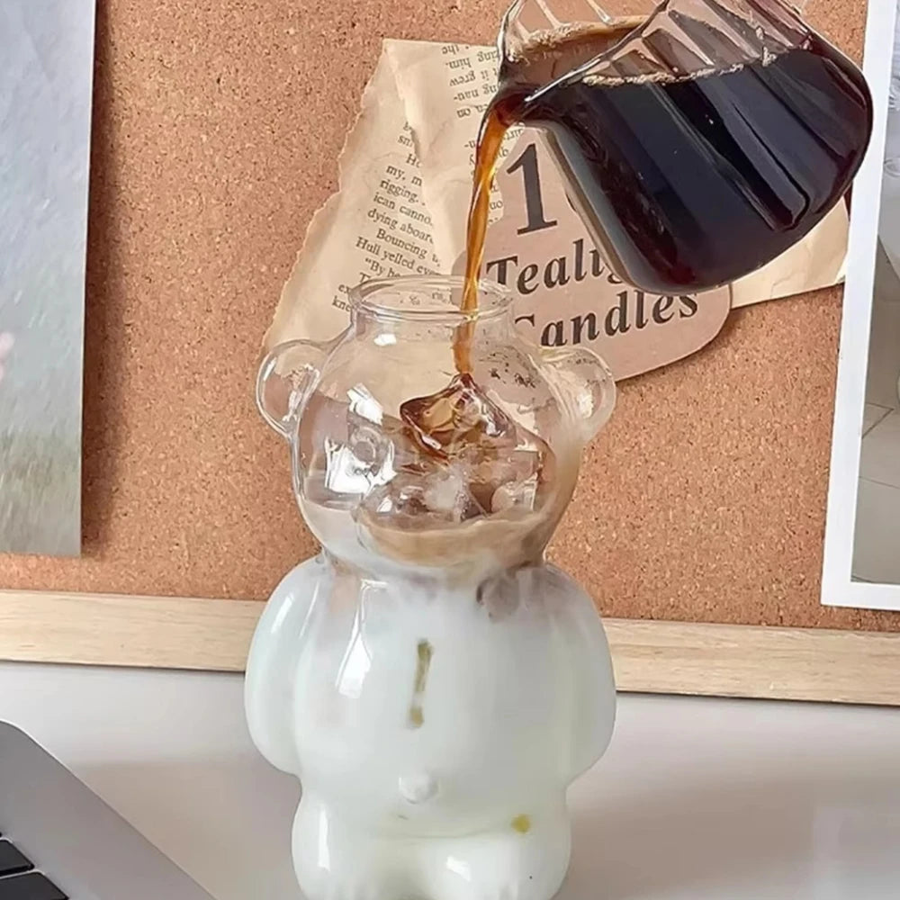 320ML Bear Shaped Glass Cup with Straw Transparent Coffee Mug Wine Glass Milk Tea Cup for Home Party Bar Restaurant Xmas Gift