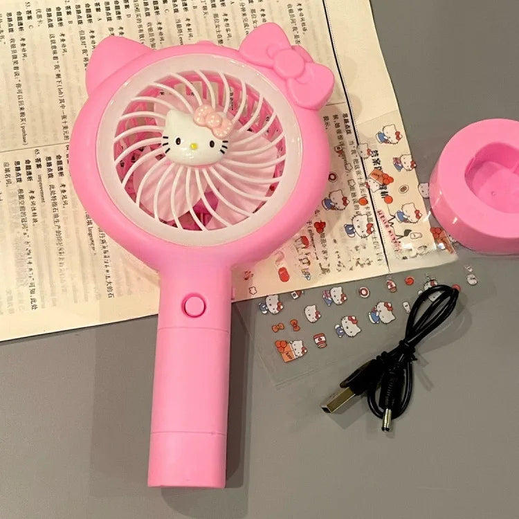 Kawaii Hello Kitty Small Fan with Light Anime Kt Cute Cartoon USB Charging Fan Travel Portable Handheld Fan Toys Girls Kids Gift
