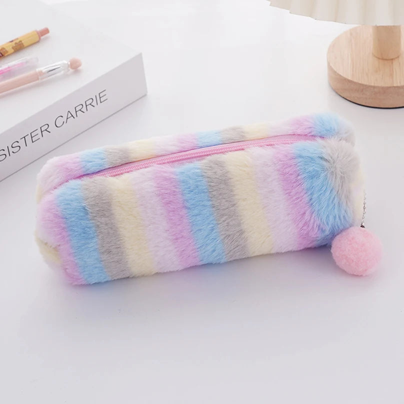 Rainbow Pencil Case Plush Estuches Escolares Pencilcase Gradient Color Large Capacity Kalemlik School Supplies Pencil Pouch