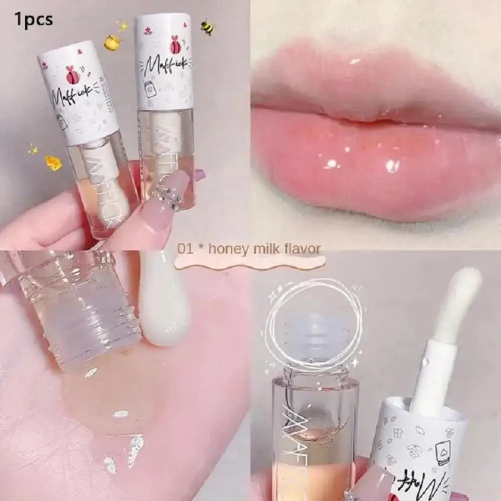 Transparent Honey Lip Oil Long-Lasting Moisturizing Lip Gloss Blam Fades Lip Lines Lipgloss with Big Brush Head Peach Milk Taste