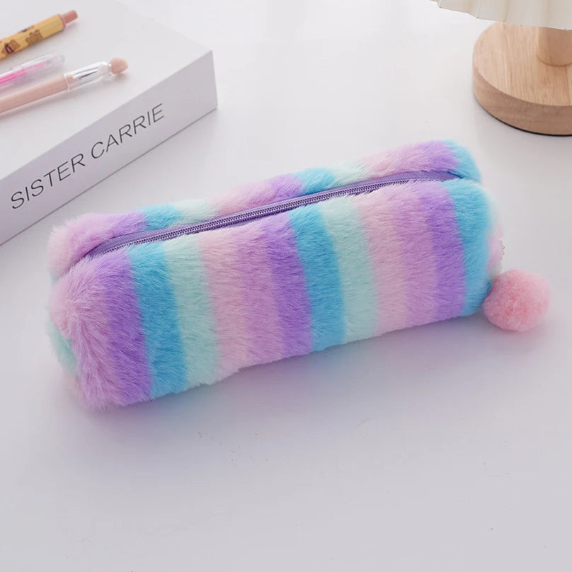 Rainbow Pencil Case Plush Estuches Escolares Pencilcase Gradient Color Large Capacity Kalemlik School Supplies Pencil Pouch