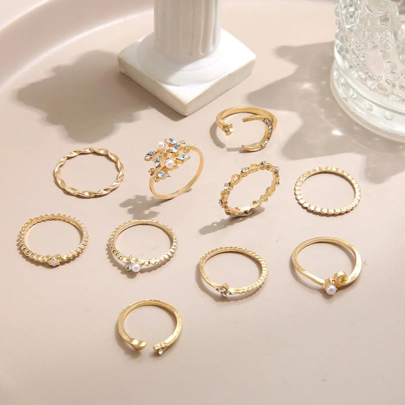 10Pcs Rings Suit For Women Gold-color Chain Ring Set Bohemian Style Coin Leaf Snake Moon Star Party Trend Gift Jewelry