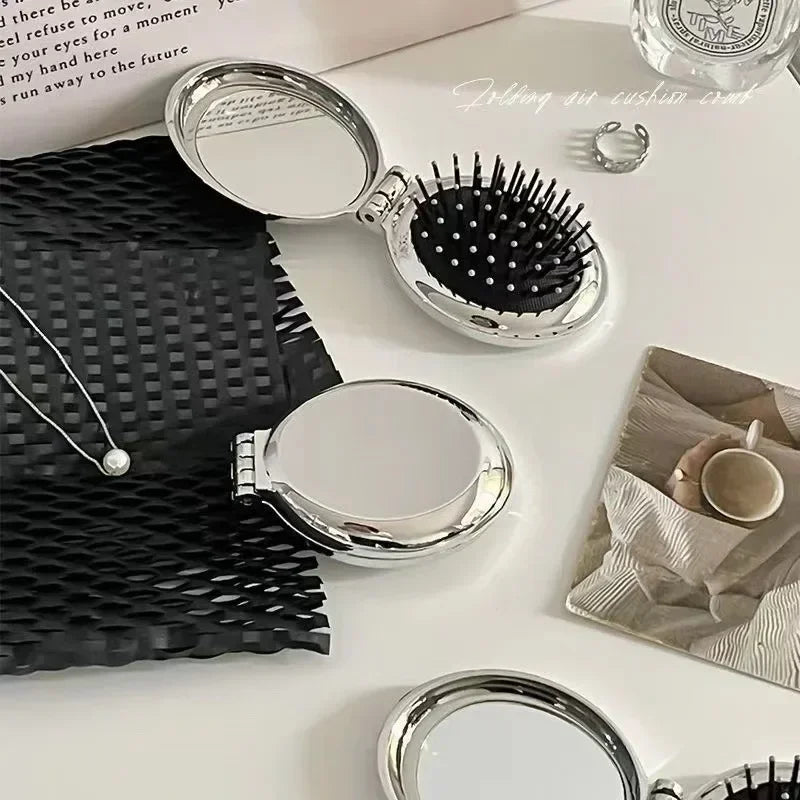 Silver Round Folding Comb with Mirrors Pocket Size Scalp Massage Comb Portable Hair Styling Brushes for Women Hairdressing Tools