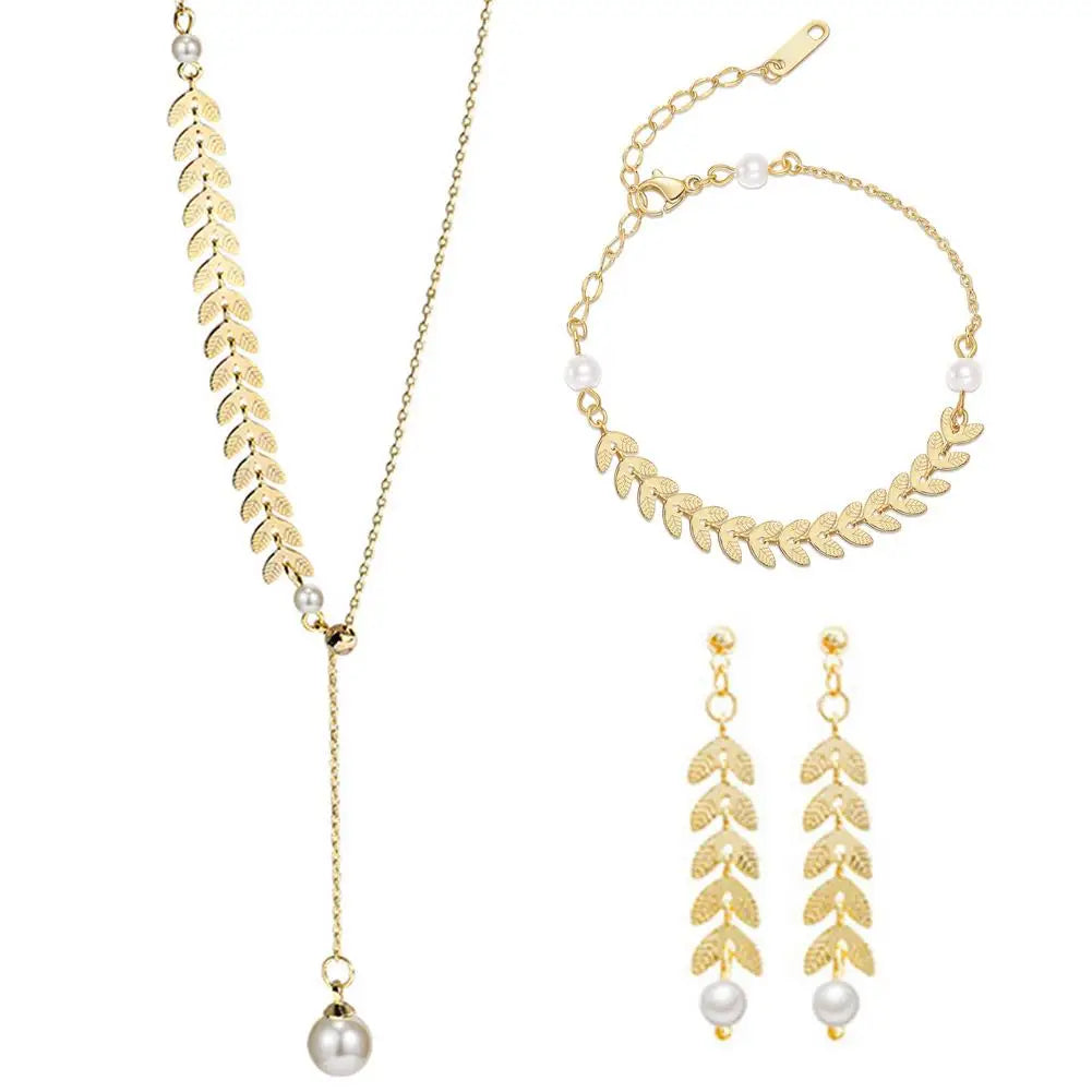 New Simple Wheat Ear Pearl Bracelet Necklace Earrings Jewelry Set for Women Temperament Lucky Gold Color Bracelet Charm Jewelry