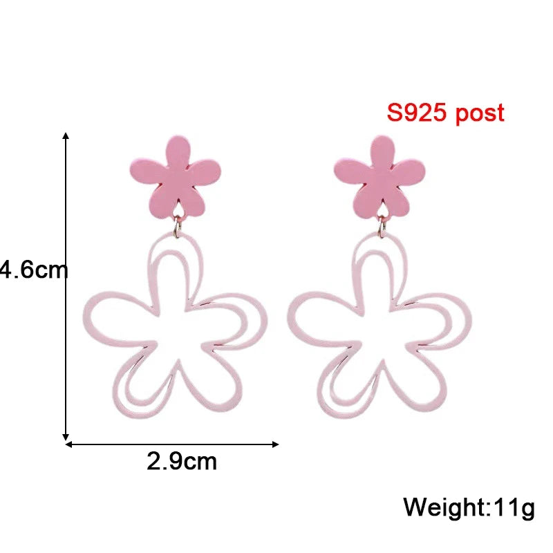 Sweet Pink Flower Women's Earrings Double-layers Hollow Floral Pendants Hanging Earrings for Female Korean New Fashion Jewelry