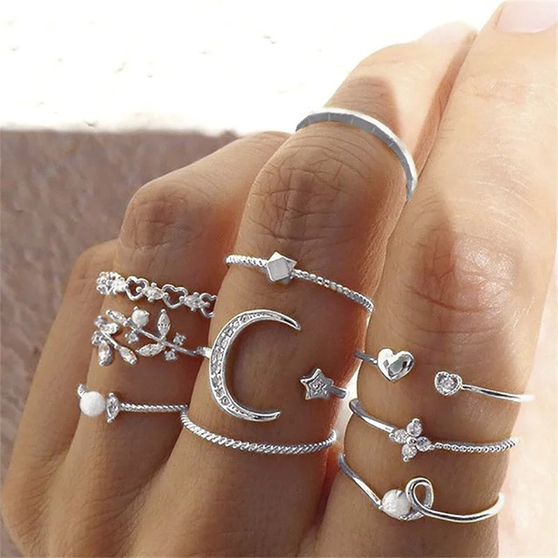 10Pcs Rings Suit For Women Gold-color Chain Ring Set Bohemian Style Coin Leaf Snake Moon Star Party Trend Gift Jewelry