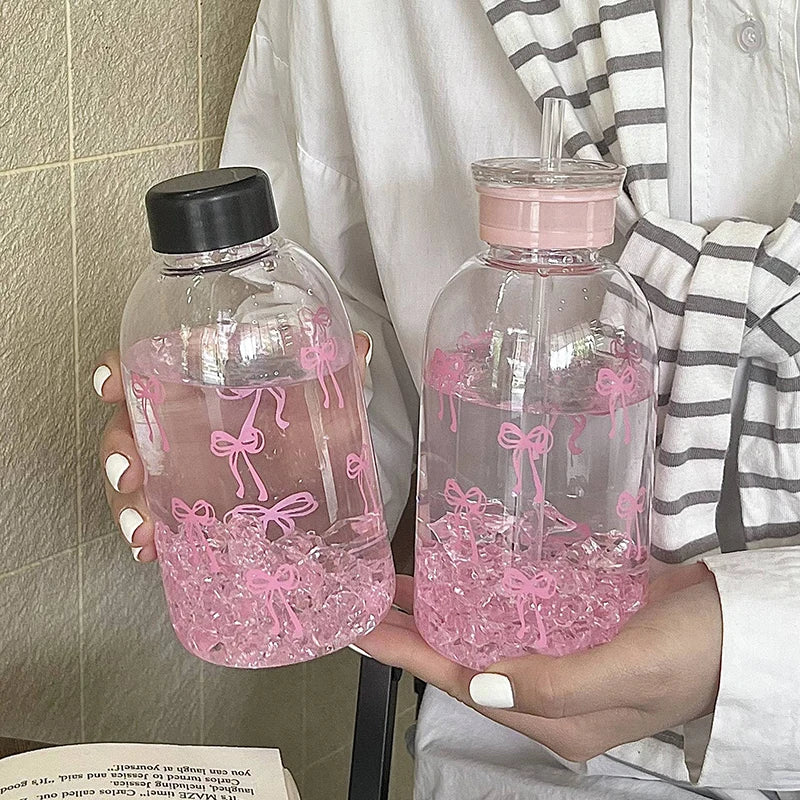 Cute Bowknot Plastic Cups With Straw Lid Portable Drinking Bottle Kawaii Water Bottle Aesthetic Tumbler For Ice Coffee Juice Tea