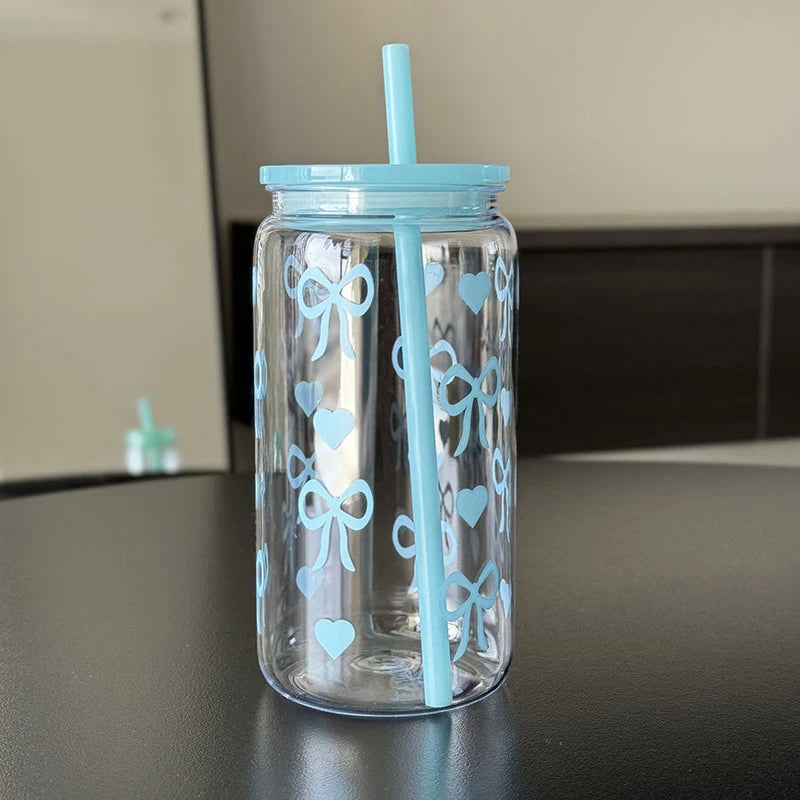 Kawaii Water Bottle Aesthetic Tumbler For Ice Coffee Juice Tea Cute Bowknot Plastic Cups With Straw Lid Portable Drinking Bottle