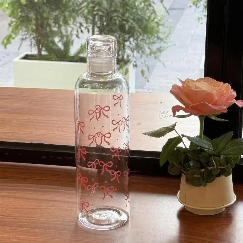 Kawaii Bow Plastic Water Bottle With Time Scale Transparent Water Cup For Outdoor Sports Drinking 500ML Juice Milk Water Bottle