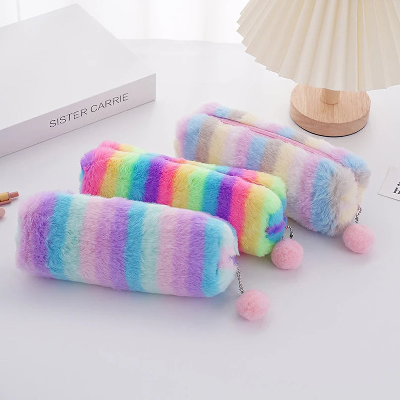 Rainbow Pencil Case Plush Estuches Escolares Pencilcase Gradient Color Large Capacity Kalemlik School Supplies Pencil Pouch